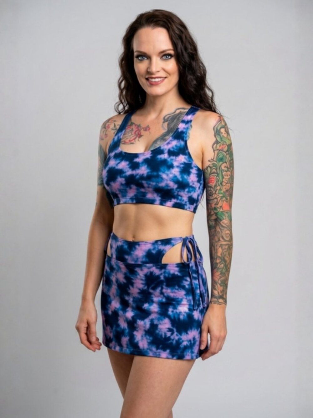 One By One ✦ Purple Black Tie Dye Crop Top Mini Skirt Set ✦ Cutout Waist M NWT